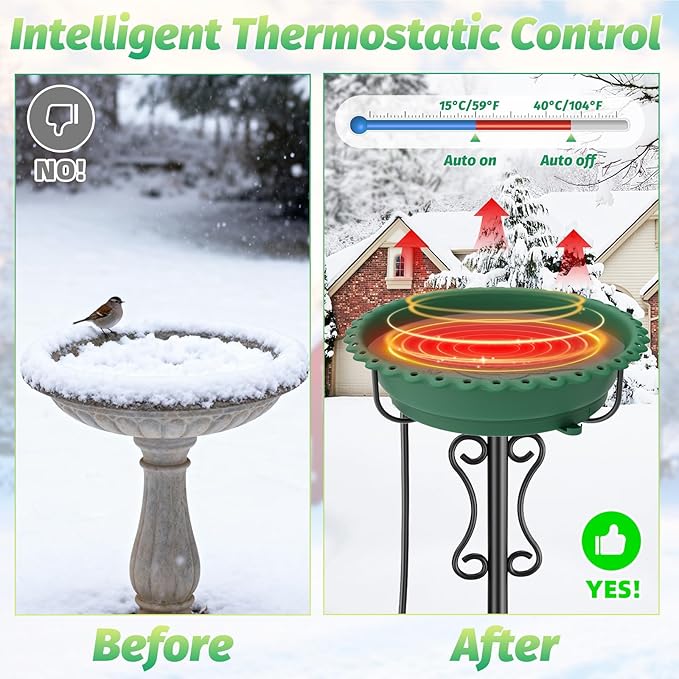 Heated Bird Bath for Outside Winter,100W Thermostat Control Birdbath Bowl with Metal 5-Prong Base,Freestanding Heated Bird Baths for Outdoors Garden Patio Yard Lawn (Green)
