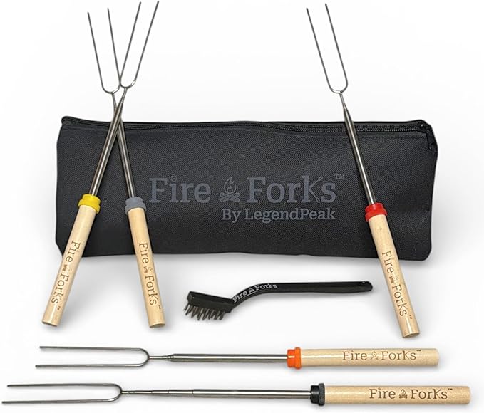 Fire Forks by LegendPeak - Marshmallow Roasting Sticks | 32” Extendable Skewers w/Color-Coded Handles, Safe Flat Tips, Cleaning Brush & Travel Bag for Campfire, Fire Pit, BBQ, S’mores (5 Pack)