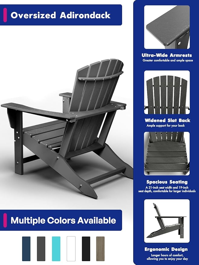 BRIOPAWS Adirondack-Chairs-Set of 6 | Fire Pit Chair | Oversized | HDPE Plastic | Weather Resistant | for Deck Outdoor Poolside Campfire | Grey
