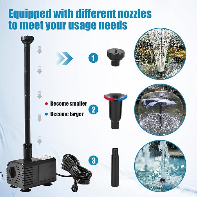 ECO-WORTHY 449 GPH Solar Powered Water Fountain Pump Upgraded Dry-run Protection Brushless Submersible Pump 12V-24V DC with 16.4ft(5M) Power Cord, 10.17 ft High Lift, 2Nozzles for Pond, Hydroponics