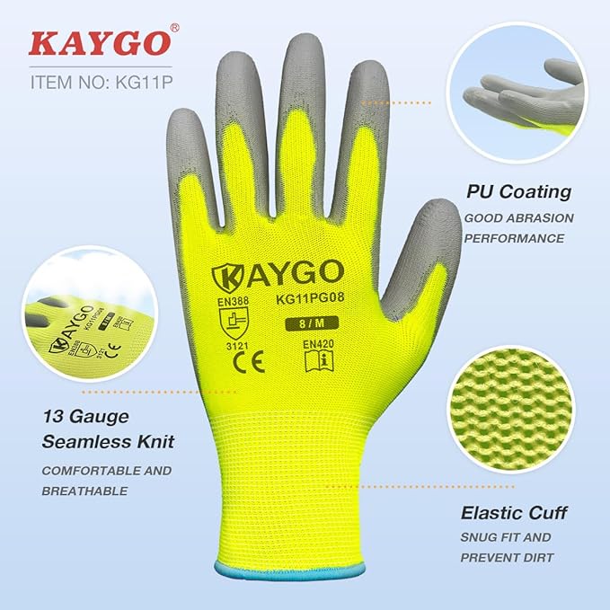 KAYGO Safety Work Gloves for Men and Women PU Coated, 12 Pairs Seamless Knit Glove with Thin Polyurethane Coated Smooth Grip on Palm&Fingers, Ideal for General Light Duty Work, KG11PB Green,Large