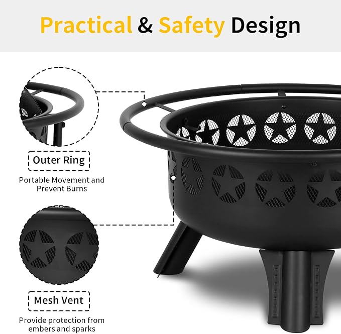 Hykolity 2 in 1 Fire Pit with Grill, Large 31" Wood Burning Fire Pit with Swivel Cooking Grate Outdoor Firepit for Backyard Bonfire Patio Outside Picnic BBQ, with Spark Cover, Fire Poker