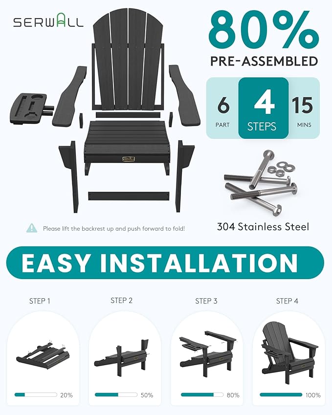 SERWALL Folding Adirondack Chair, Patio Adirondack Chairs with 4 in 1 Cup Holder Trays, All Weather Fire Pit Chair for Outdoor, Garden - Black
