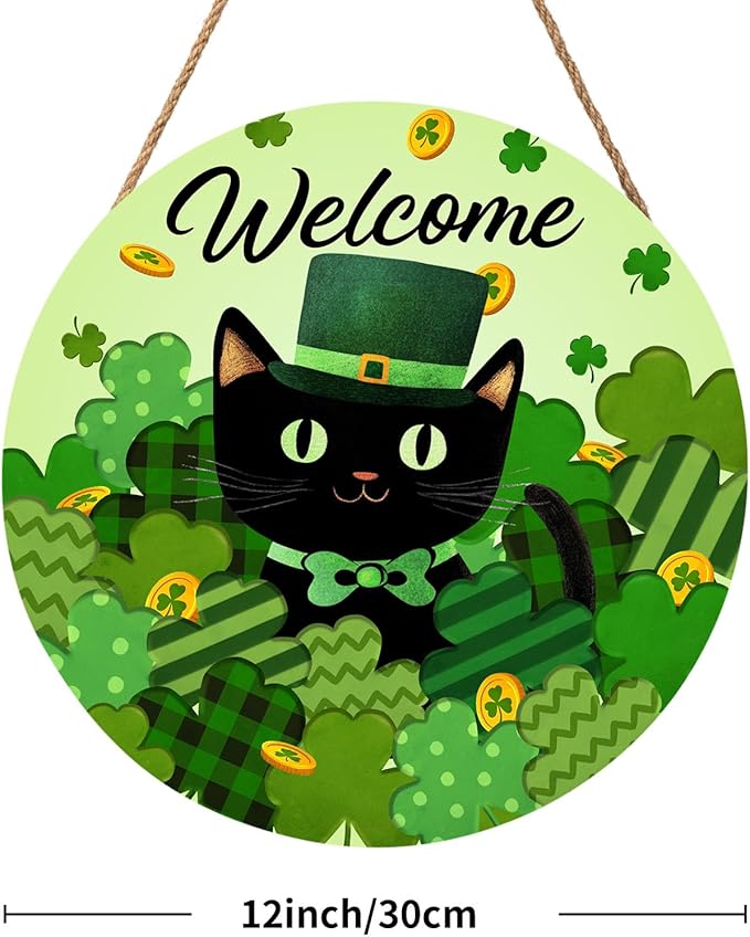Welcome St. Patrick's Day Green Shamrock Clover Door Sign For Front Door Decor,Black Cat Gold Coins Irish Wooden Sign 12"x 12" Round Wood Hanging Door Sign Decoration for Wall Rustic Decor