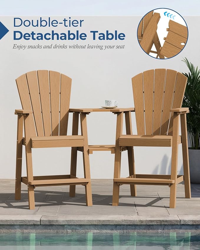 Ciokea Tall Adirondack Chairs Set of 2, HDPE Outdoor High Back Adirondack Chair with Double Connecting Tray, Weather Resistant Balcony Chairs for Deck, Lawn, Pool, Backyard, Teak