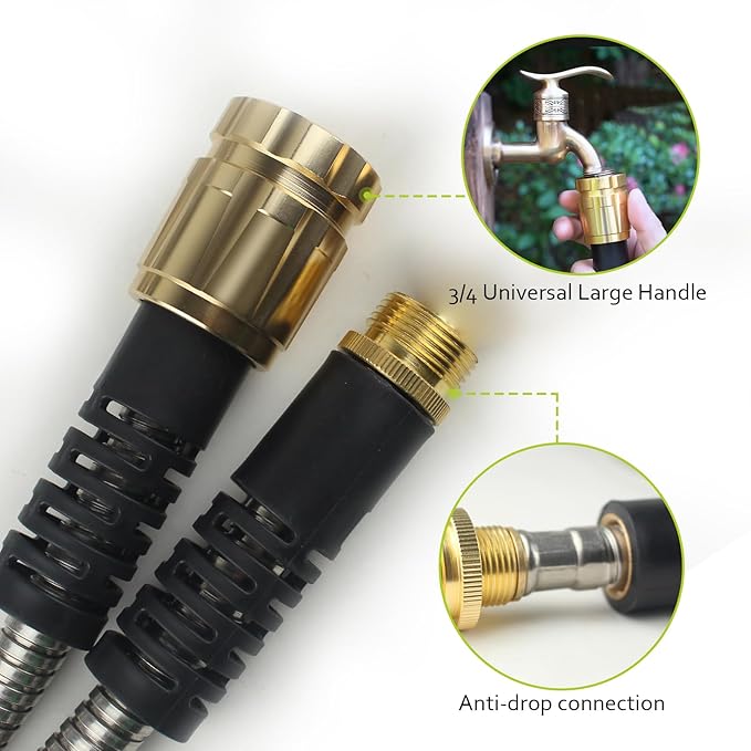 15FT Metal Garden Hose - Stainless Steel, Heavy Duty, Flexible & Lightweight, Never Kink and Tangle, with 10-Function Nozzle, Pressure Resistant for Outdoor Use (Yellow)