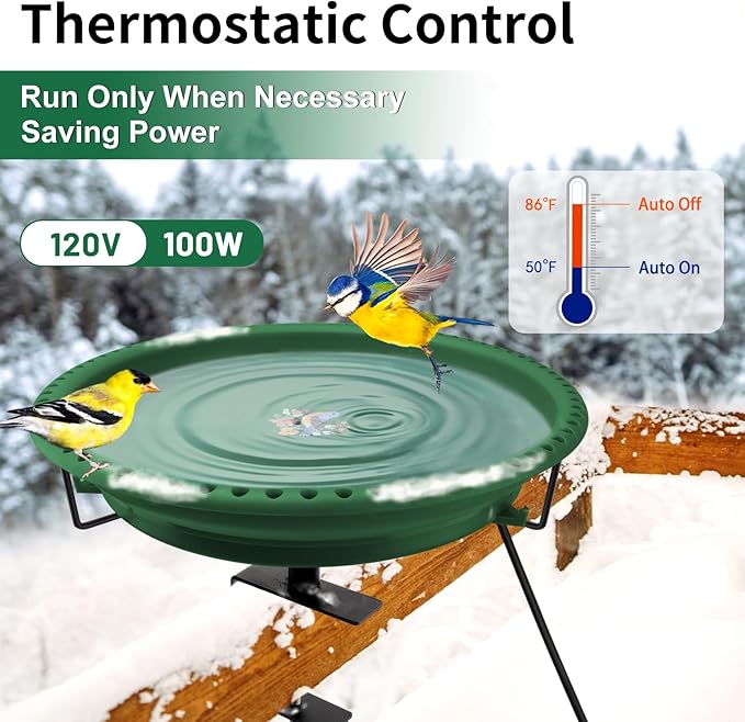 Daoeny Heated Bird Bath for Deck Railing, Upgraded 100W Heated Bird Baths for Outdoors Thermostat Control, Heated Bird Bath for Outside Winter Garden Yard Patio Decor (Green)