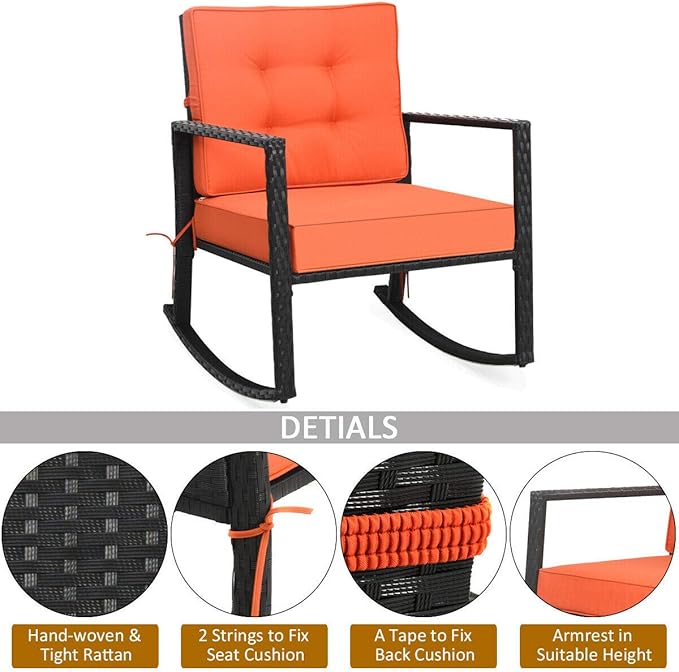Tangkula Wicker Rocking Chair, Outdoor Glider Rattan Rocker Chair with Heavy-Duty Steel Frame, Patio Wicker Furniture Seat with 5” Thick Cushion for Garden, Porch, Backyard, Poolside (2, Orange)