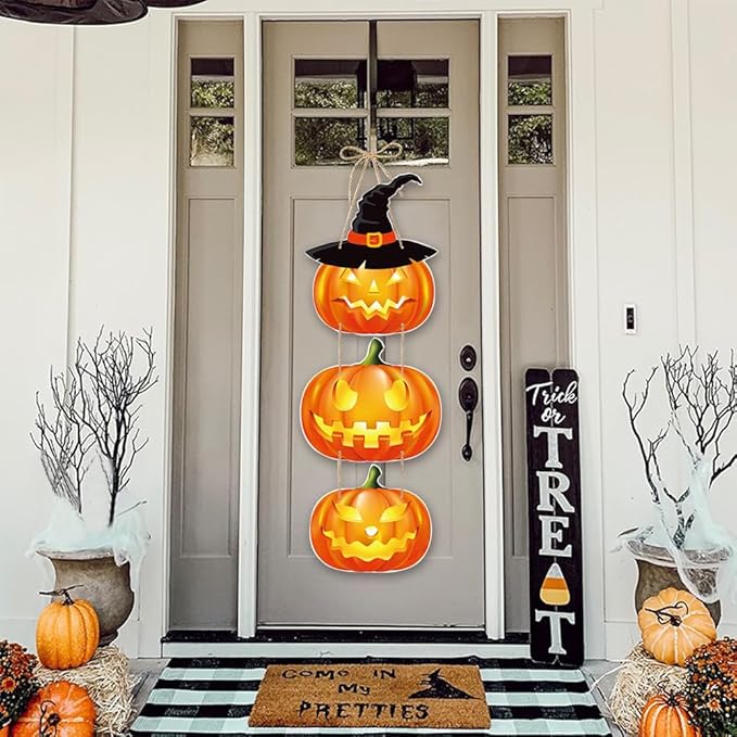 Halloween Door Decorations Pumpkin Hanging Sign Front Door Hanger Wreath Decor Indoor Outdoor Decor for Halloween Party Home Farmhouse Wall Porch Yard Window Decoration Supplies