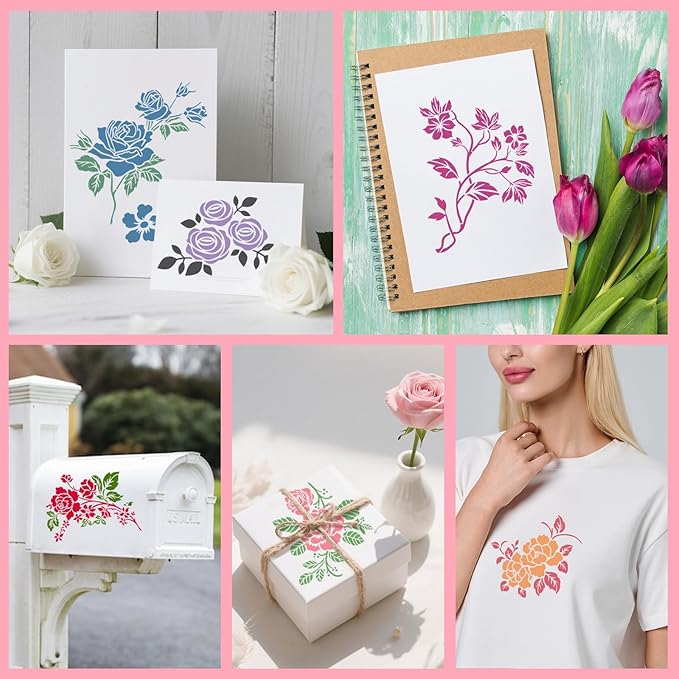 12 PCS Rose Flower Stencils Reusable Rose Cherry Blossom Templates, Plastic Floral Pattern Stencils for Painting on Wood Floor Wall DIY Crafts Home Decorations 7.8 X 7.8 Inch