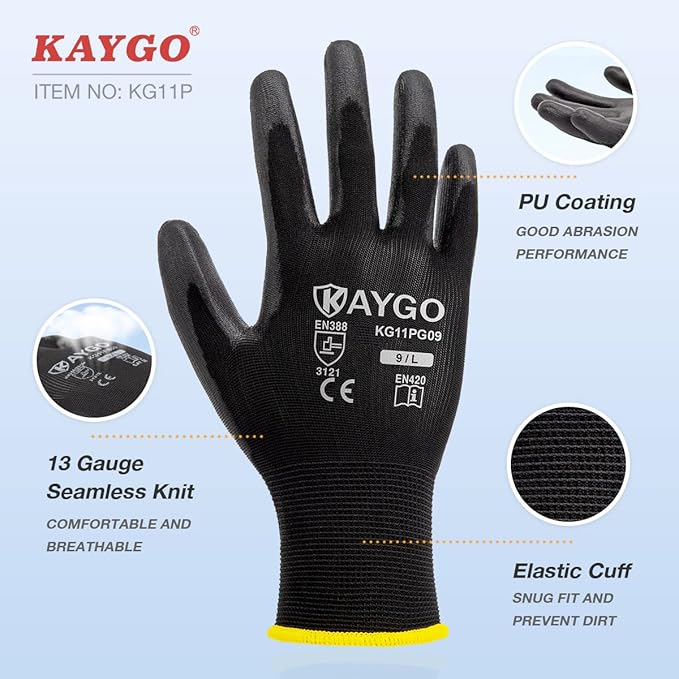 KAYGO Safety Work Gloves PU Coated-60 Pairs, KG11P Seamless Knit Glove with Polyurethane Coated Smooth Grip on Palm & Fingers, for Men and Women, Ideal for General Duty Work,Red,XL