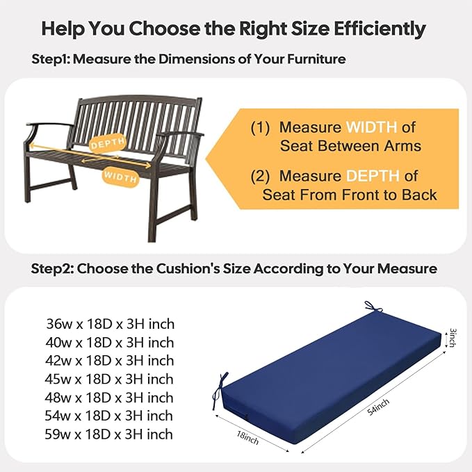idee-home Outdoor Bench Cushion Waterproof, Bench Cushions for Outdoor Furniture, Patio Porch Swing Replacement Seat Pad with Ties for Garden Backyard, 54 x 18 Inch