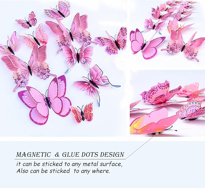 Butterfly Wall Decor 72 PCS, 3D Butterflies Stickers for Party Decorations with Magnets(Pink, 72)