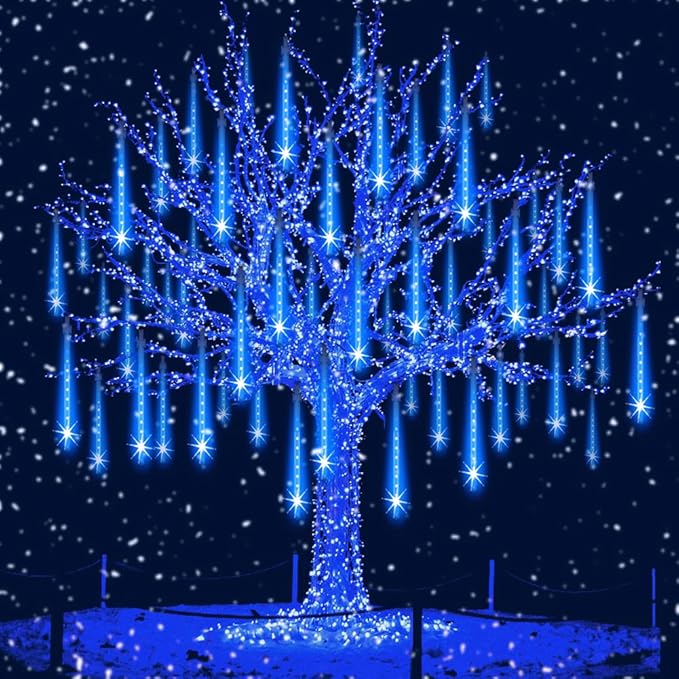 Aukora Christmas Lights Outdoor Meteor Shower Lights 12 inch 8Tubes 192LED UL Certified Falling Rain Drop Snow Icicle String Light for Xmas Tree Christmas Decorations Party Wedding Holiday Yard Blue