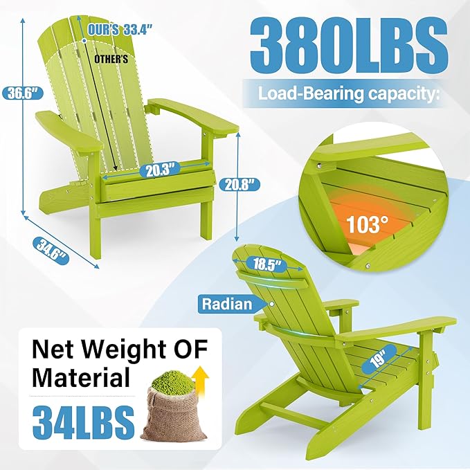 YEFU Adirondack Chairs Set of 6: Plastic Adirondack Chairs - Patio Chairs with Wood Texture - Outdoor Chair HIPS - Lawn Fire Pit Deck Porch Garden Chairs for Adults(Kelly Green)