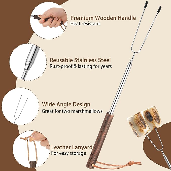 Marshmallow Roasting Sticks Set of 10 - Telescoping Long Smores Stick for Fire Pit Campfire Grill Bonfire Party BBQ Accessories with Storage Bag