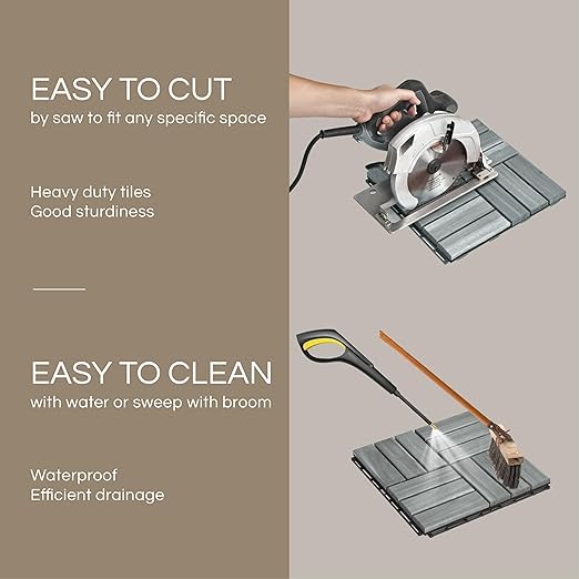 10 Pcs Deck Tiles, Patio Flooring - Outdoor Waterproof Acacia Wood Tiles for All Weather Use - Balcony, Backyard, Indoor & Outdoor (Grey Crossed Pattern, 10 Square Ft)