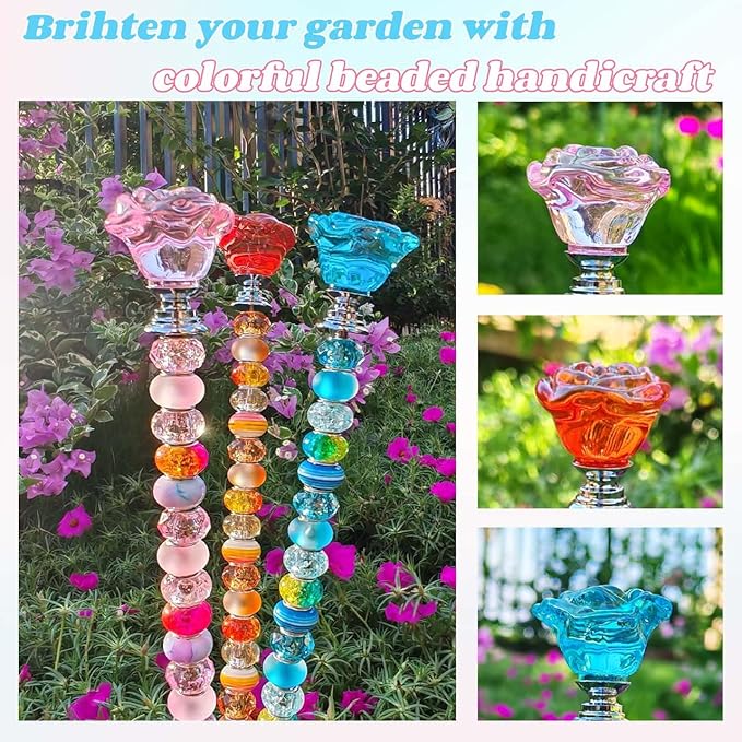 255Pcs Fairy Garden Accessories Outdoor Kit for Different Holidays, Fairy Wand Garden Stake Beads Kits with Large Hole Beads and Crystal Flowers, Beaded Garden Stake Kit (Crystal Flower)