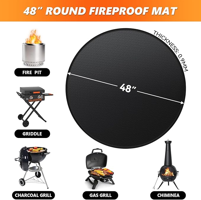 48" Fire Pit Mat for Solo Stove Bonfire, Double-Sided Fireproof Under Grill Mat Deck Patio Protector Pad, Round BBQ Mat for Solo Stove Accessories, Easy to Clean, Reusable (0.9mm)