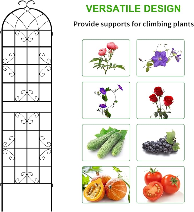 LZRS 4 Pack 83x20in Rustic Iron Arch Decoration Garden Trellis with Black Metal Coating – Perfect for Supporting Climbing Plants Outdoor, Roses, Vines, Flowers, and Vegetables.