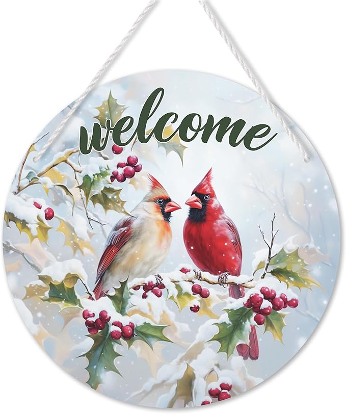1 Pcs Winter Welcome Cardinal Bird Front Door Sign, Christmas Cardinal Bird Round Hanging Sign, Twig Berry Snow Outdoor Porch Home Wall Patio Garden Farmhouse Holiday Decor, 11 x 11 inches