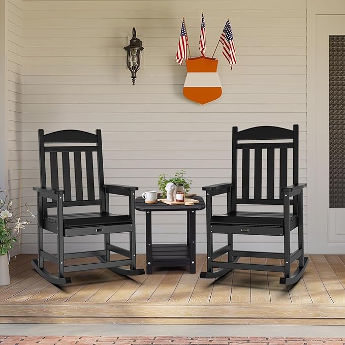 VINGLI Outdoor Rocking Chair, HDPE Rocking Chair with Higher Backrest, All Weather Rocker for Garden, Yard, Balcony, Black