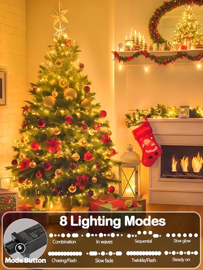Upgraded 75.8 FT 200 LED Christmas String Lights Outdoor/Indoor, Timer & Memory Function & 8 Modes, Extendable Green Wire Waterproof Fairy String Lights for Xmas Tree Holiday Party Garden (Warm White)