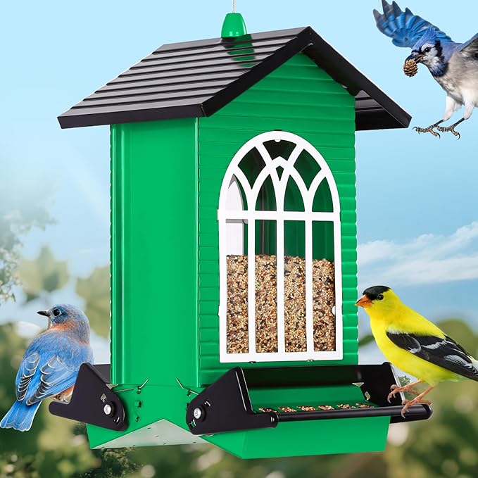 Squirrel Proof Bird Feeder for Outdoors,5LB Large Capacity,Metal Wild Bird Seed Feeder with Bilateral Weight-Activated Perches for Outside Hanging,Garden Decoration,Green