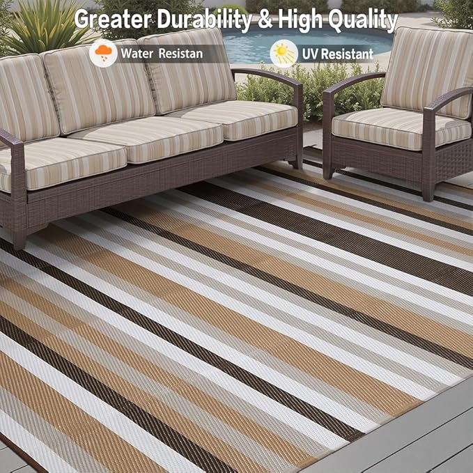 HUGEAR Outdoor Waterproof Rug 8'x10' Plastic Straw Rugs Washable Reversible Floor Mat Brown Stripe Carpet for Camping RV Deck Entryance Porch Picnic Balcony Beach Backyard