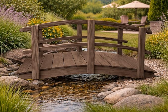 6 FT Walnut Amish Made Garden Bridge with Double Rails for Walkway, Backyard Pond & Landscaping, Outdoor Wooden Footbridge for Koi Pond, Japanese Style Decorative Bridge, Made in USA