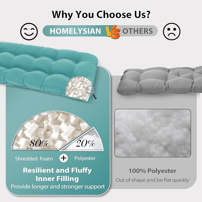 Tufted Bench Cushions for Outdoor Furniture, 44" x 19" Porch Swing Cushions Filled with Foam, Overstuffed Patio Cushions for Bench Loveseat with 2-3 Seats,Thick and Water Resistant, Teal