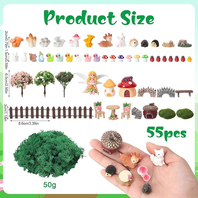 54 Pcs Fairy Garden Accessories, Mini Resin Animals Figures, Miniature Table and Chairs, Bridge, Fence, Fairy House Kit with 50g Artificial Moss for DIY Craft Landscape Bonsai Glass Container