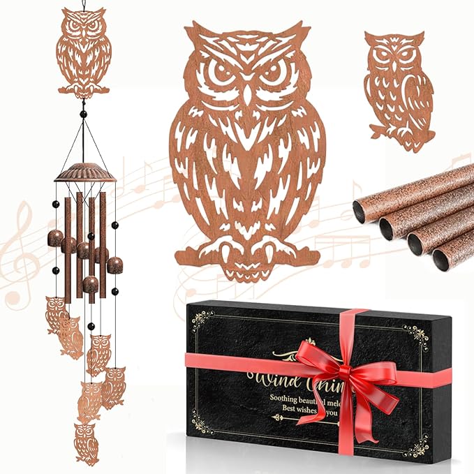 Owl Wind Chimes for Outside, Hanging Metal Windchimes Outdoors for Garden, Patio, Yard, Owl Gifts for Women, Men, Bird Lover, Garden Decor, Birthday, Festival, Memorial Gift with Box