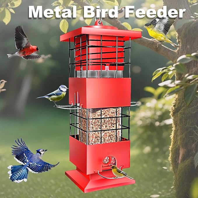 Bird Feeder Squirrel Proof for Outdoors Hanging, 3Lbs Metal Heavy Duty Birdfeeder with 4 Feeding Ports, Wild Birds Seed Feeder for Cardinal, Finch, Sparrow (Red)