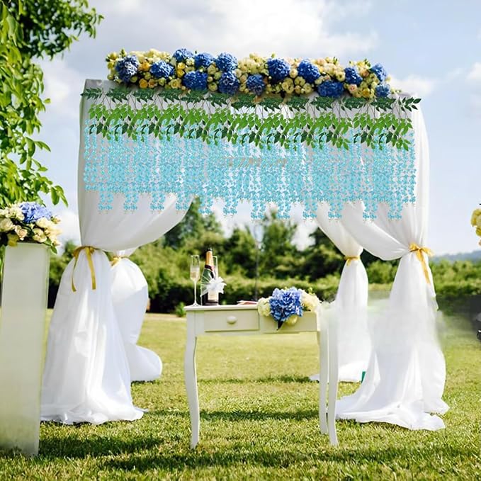 Artificial Wisteria Hanging Flowers-Fake Wisteria Flower Garland Silk Vines Rattan Decor for Home Wedding Arch Wall Garden Greenery Bedroom Outdoor Office Party Decoration(24, Blue)