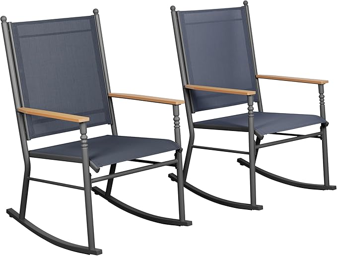 JY QAQA Outdoor Rocking Chair Set of 2, High Back All-Weather Patio Rocking Chairs with Breathable Back Rest, Ergonomic Design Porch Chairs for Porch, Garden, Balcony, Pool, Deep Gray