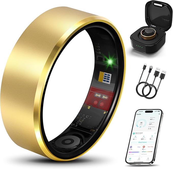Smart Health Ring 2.0 for Women Men, Slim Scratch & Fingerprint Resistant Design, Efficient Chip Fitness Tracker, Monitors Heart, Blood Oxygen & Pressure, Sleep, Steps, Waterproof, Gold 8