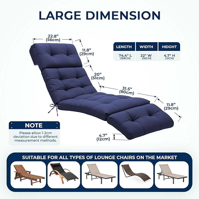 Outdoor Chaise Lounge Chair Cushion 74.4 x 22 x 4.7 Inches Non-Slip Lounge Chair Cushions for Outdoor Furniture with Ties, Patio Recliner Thickened Lounge Cushions for Indoor, Blue