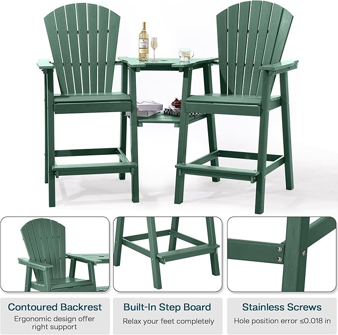 Tall Adirondack Chairs Set of 2, HDPE Balcony Chair with Double Connecting Tray, Weather Resistant Outdoor Adirondack Bar Stools for Patio, Deck, Patio, Backyard, Balcony. (Dark Green)