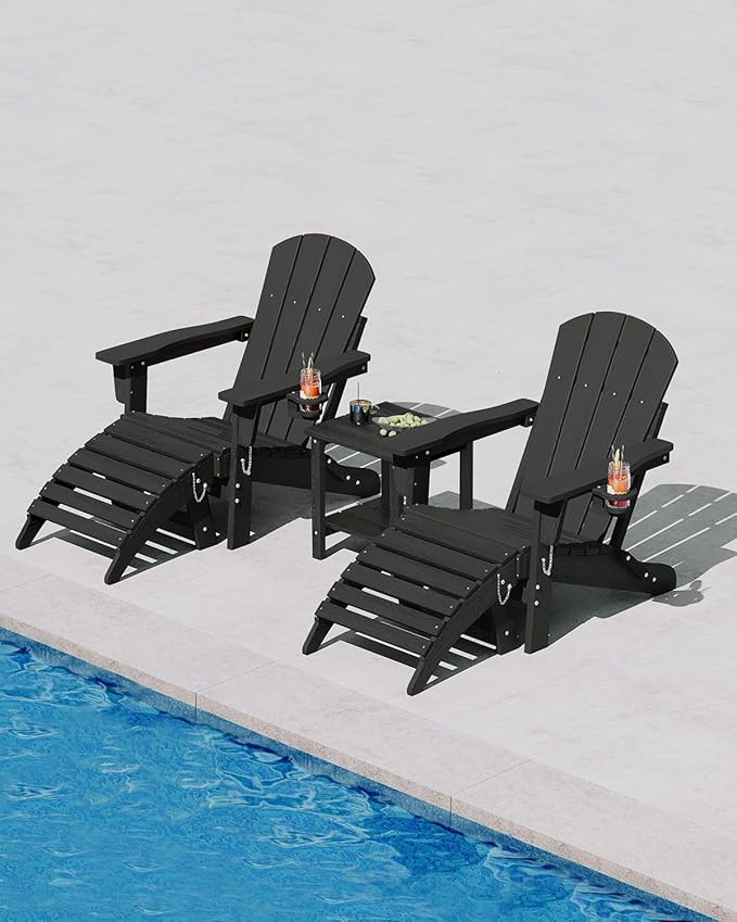Folding Adirondack Chair Set of 4 with Ottoman, All-Weather HDPE Outdoor Chair, Wooden Textured with Cup Holder for patios, Decks, Gardens, fire pits, Black
