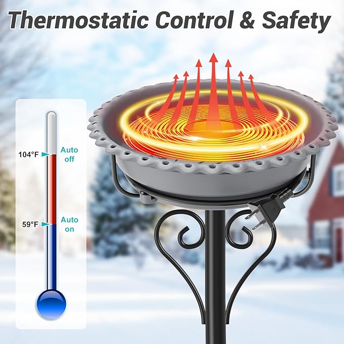 Heated Bird Bath for Outside Winter, Powerful 100W Thermostat Control Water Heated BirdBaths Bowl for Outdoors with 5-Prong Metal Base Heated Bird Bath for Garden Patio Yard Lawn (Gray)