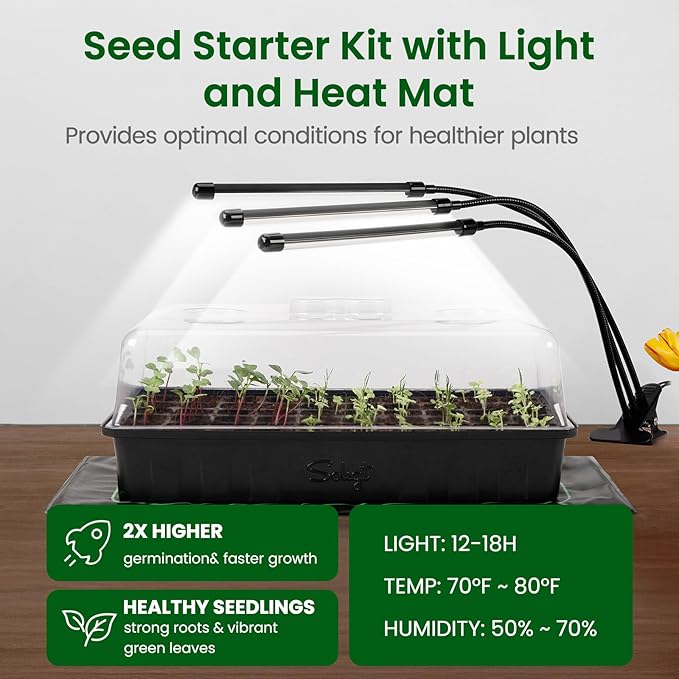 SOLIGT 60 Cell Seed Starter Kit with Grow Light and Heat Mat, Seed Starter Tray with Higher 4.3” Humidity Dome, Flexible Light Positioning for Seed Starting & Seedling Growth