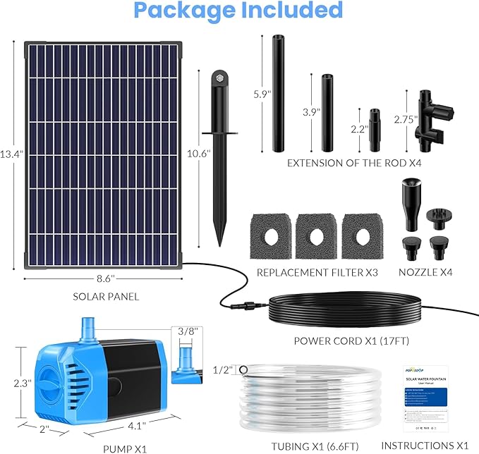POPOSOAP 12W Solar Fountain Pump, Solar Pond Pump 160GPH Adjustable Flow, Dry-Run Protection, 16.5Ft Cord /6.6Ft Tubing for Pond/Waterfall/Garden/Hydroponics-P112L