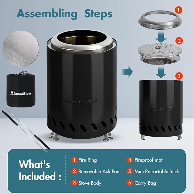 9.7 x 7.1 Inch Tabletop Fire Pit by AmazStove, Low Smoke Camping Stove for Outdoor Safe Burning Firepits, Fueled Pellets or Wood, Travel Bag Included (Black, 9.7 x 7.1 INCH)