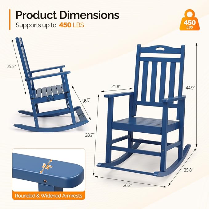 VINGLI Outdoor Rocking Chair with Footrest, Wooden Rocking Chair with 450 LBS Weight Capacity, Patio Rocker with Comfortable Backrest for Garden, Yard (Navy Blue, 1PC)