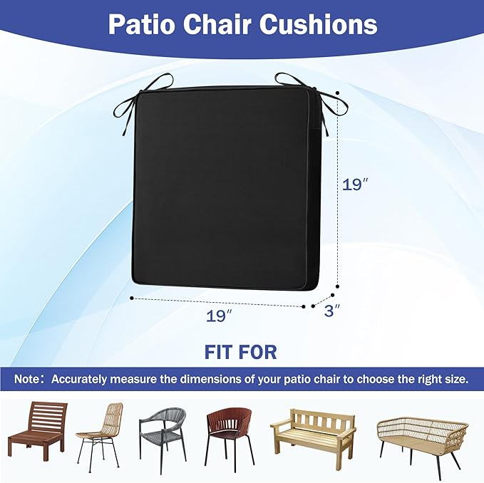 Patio Chair Cushions, 19" x 19" x 3" Outdoor Chair Cushions Set of 4, Waterproof Outdoor Cushions for Patio Furniture, Outdoors Seat Cushions Set of 4 with Handle and Ties, Black
