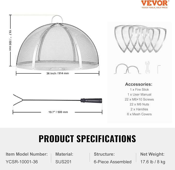 VEVOR Firepit Spark Screen Lid, 36" Diameter, Outdoor Firepit Ring Cover Round Accessories, Fire Pit Metal Cover, Easy-Opening Stainless Steel Fire Ring Covers for Outdoor Patio Fire Pits Backyard