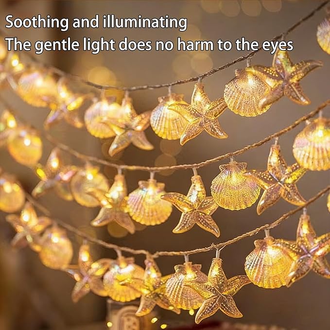 Starfish Shell String String Light 20 FT 40 LED Lights with Battery Operated Warm White LEDs, Ocean Theme for Holiday Party, Wedding, Garden Decoration (Shell Stars, 20FT)