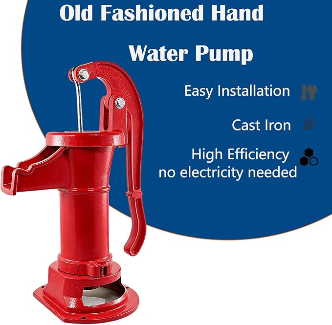Durable Antique Cast Iron Pitcher Pump: Manual Hand Shake Suction Well Pump for Water Transfer, 25ft Maximum Lift, Easy Installation, Suitable for Outdoor Gardens, Ponds, and Backyards. (Red)