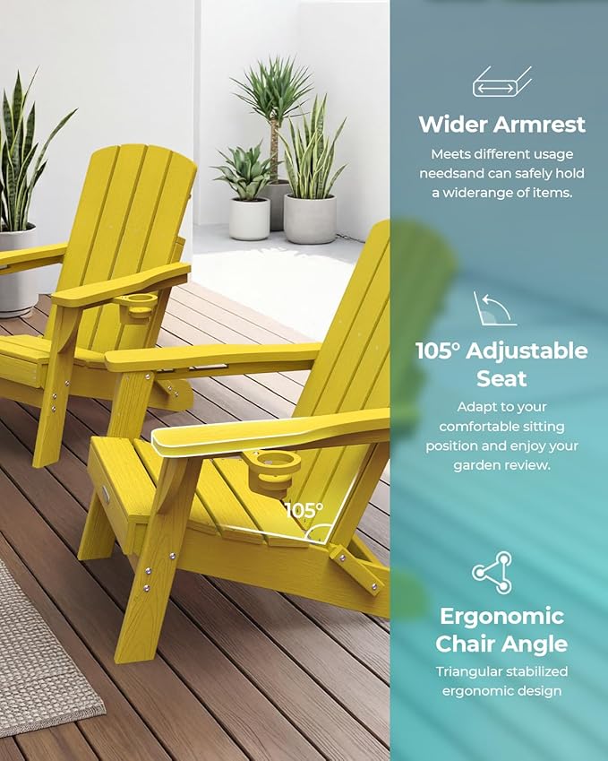 Folding Adirondack Chair, HDPE All-Weather Fire Pit Chairs, Plastic Adirondack Chairs with 2 Cup Holder, Outdoor Lawn Chair for Patio Garden (Yellow)